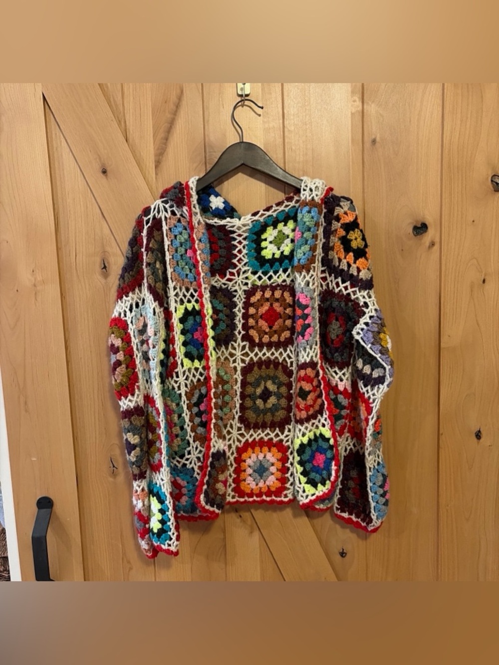 Handmade Vintage Hood Crochet Cardigan Granny Square Retro Hippie Boho Festival